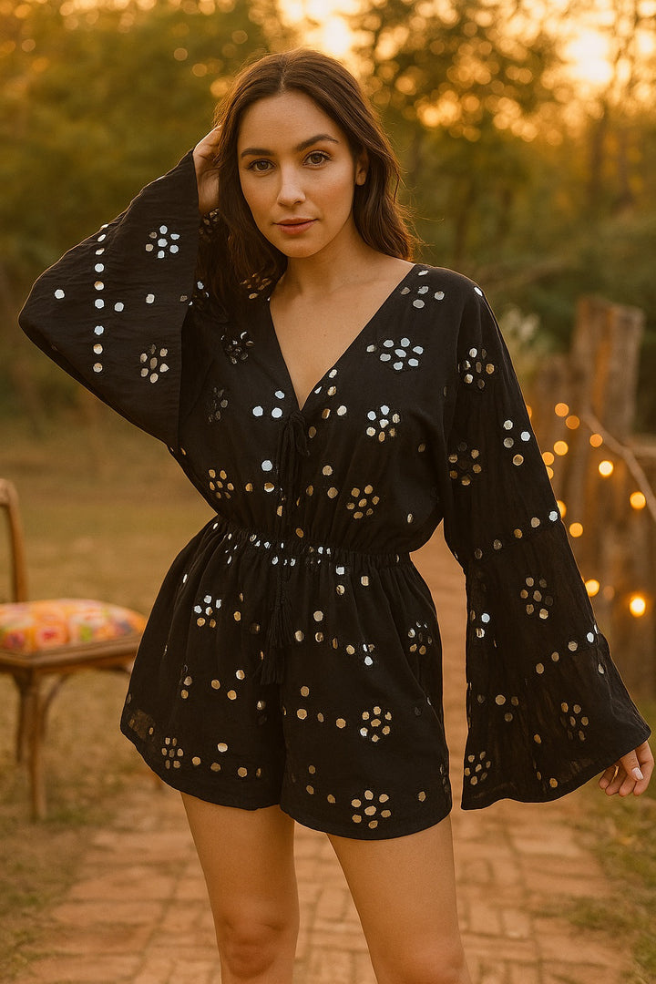 Noor Embroidered Mirror Cotton Playsuit - banjaratrail