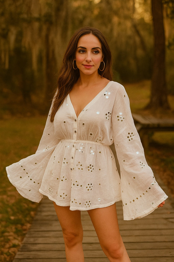 Noor Embroidered Mirror Cotton Playsuit - banjaratrail