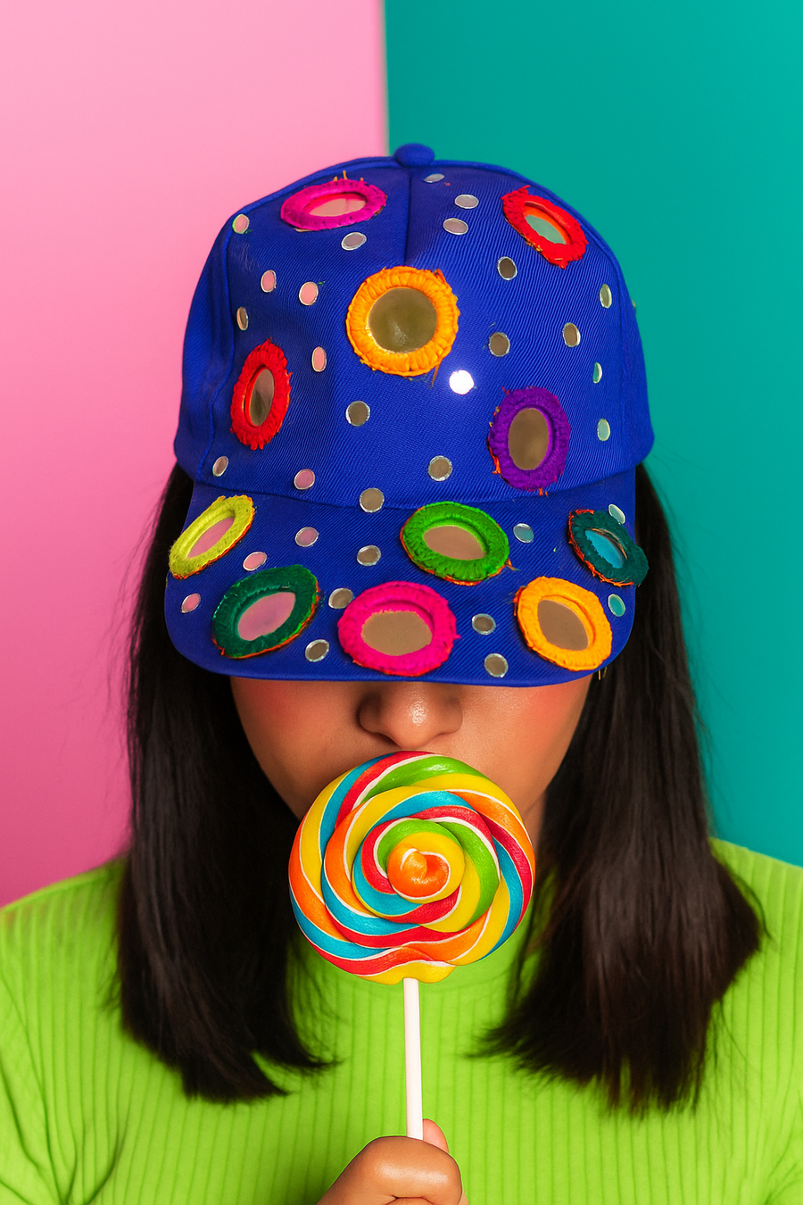 Candy Pop Mirror Cap – Electric Blue with Multicolor Embroidery - banjaratrail