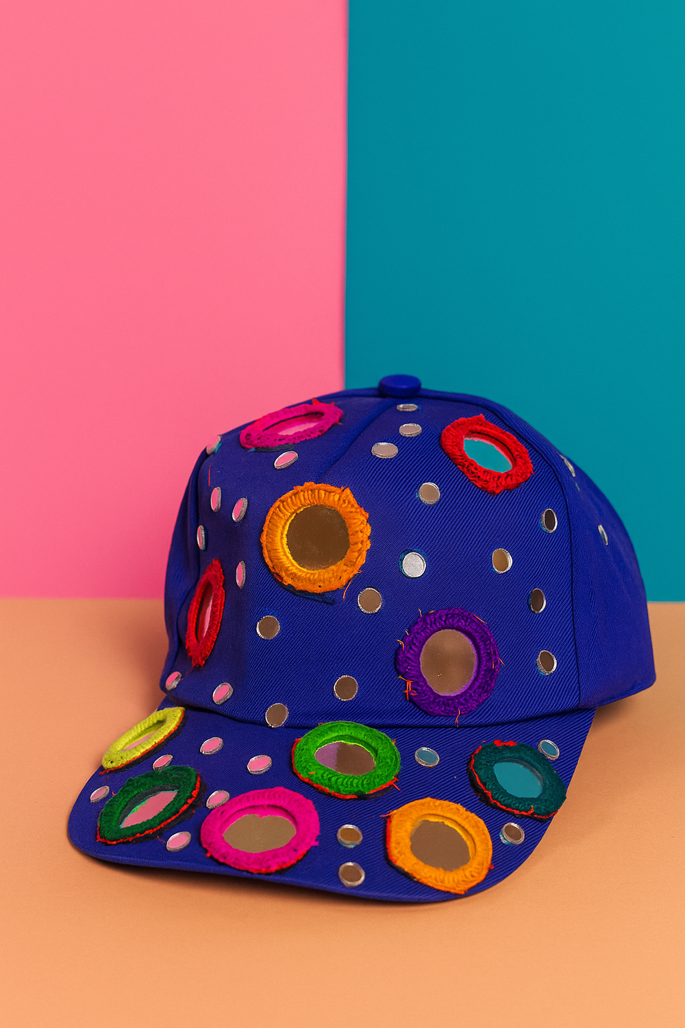 Candy Pop Mirror Cap – Electric Blue with Multicolor Embroidery - banjaratrail