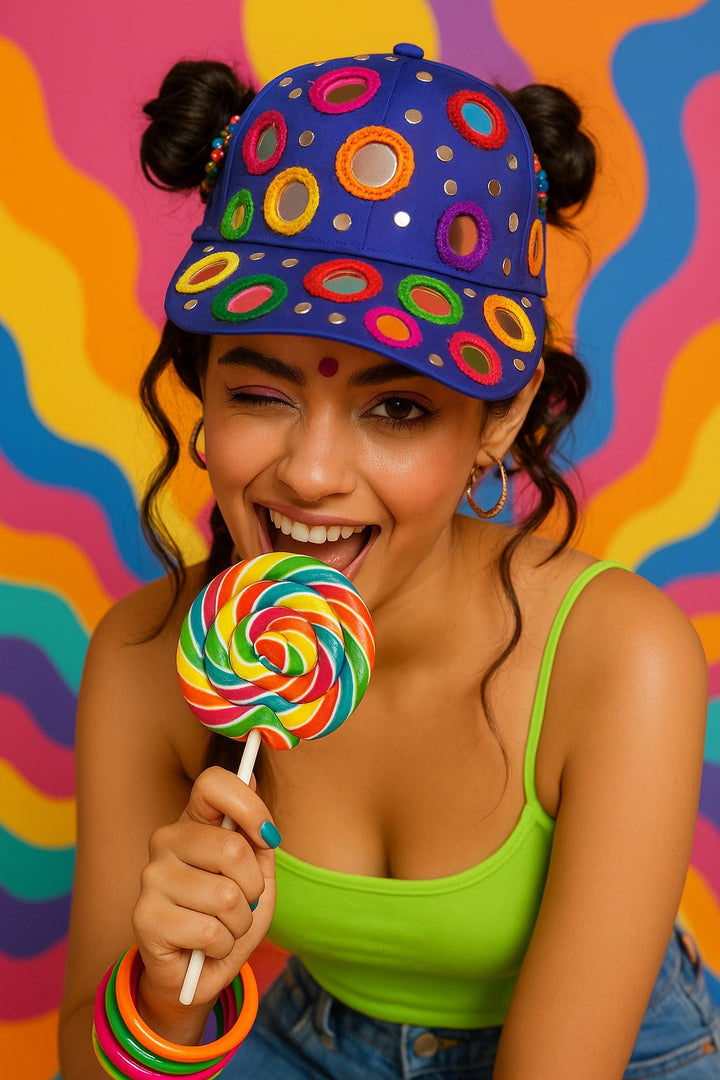 Candy Pop Mirror Cap – Electric Blue with Multicolor Embroidery - banjaratrail