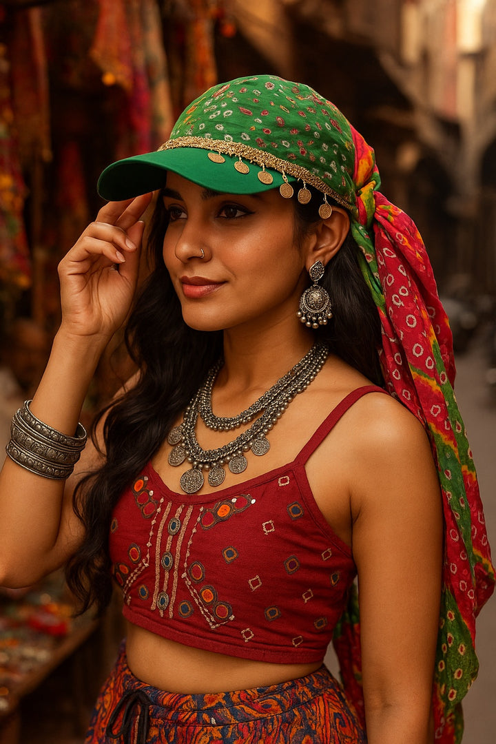 Bandhani Boho Scarf Cap – Tribal Green Edition - banjaratrail
