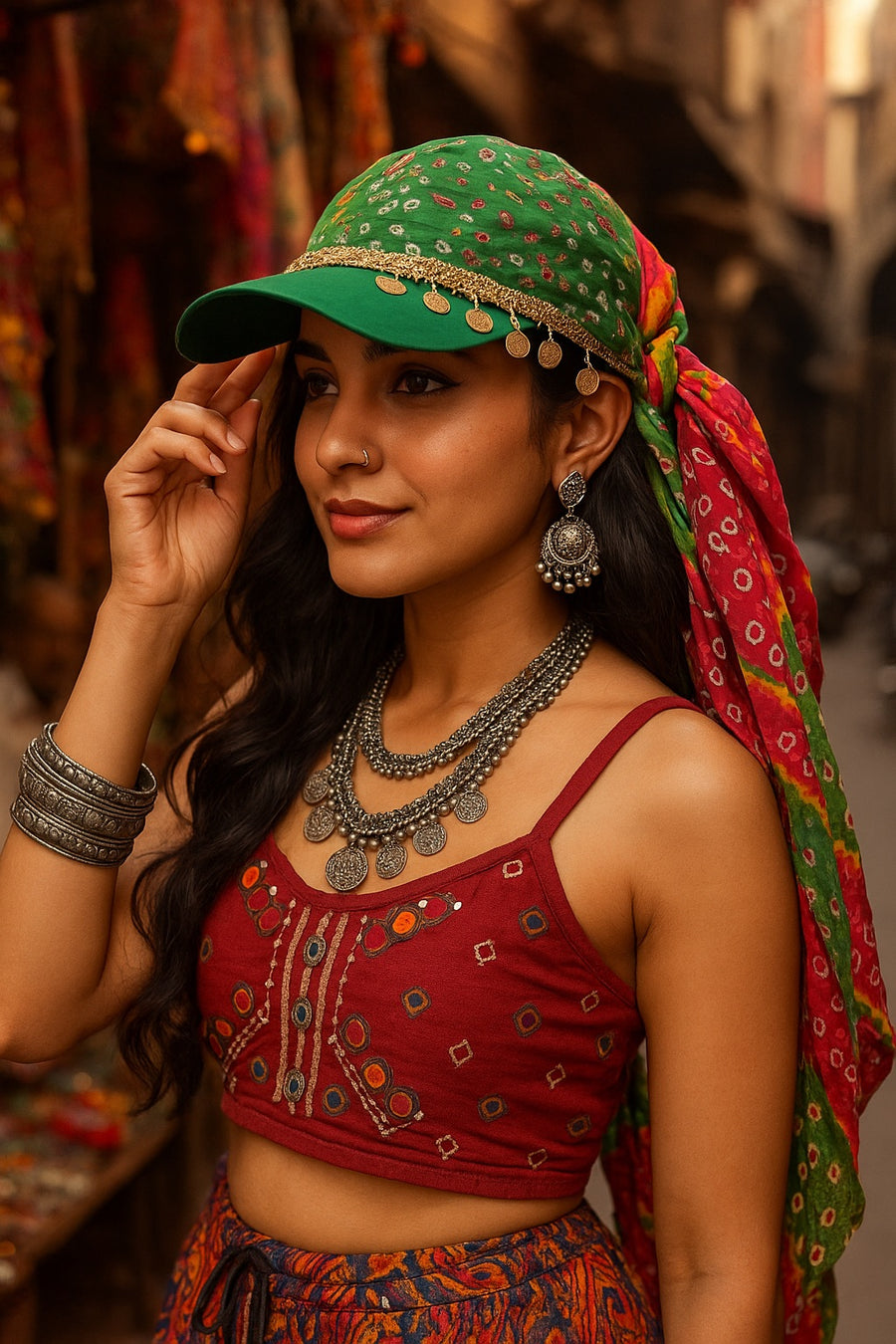 Bandhani Boho Scarf Cap – Tribal Green Edition - banjaratrail