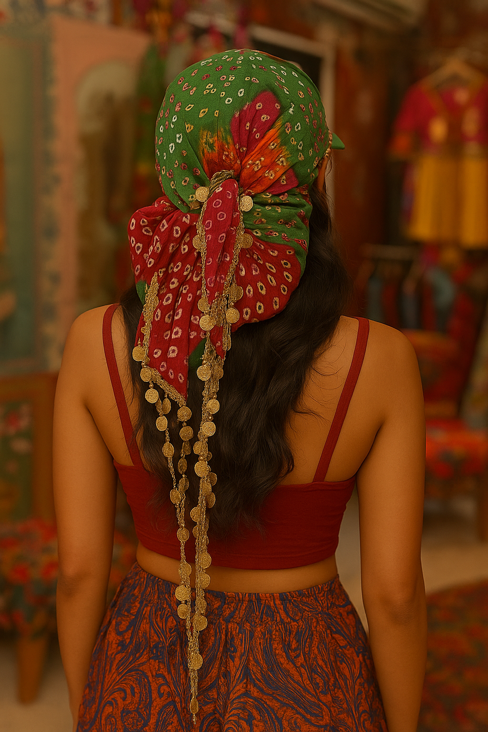Bandhani Boho Scarf Cap – Tribal Green Edition - banjaratrail