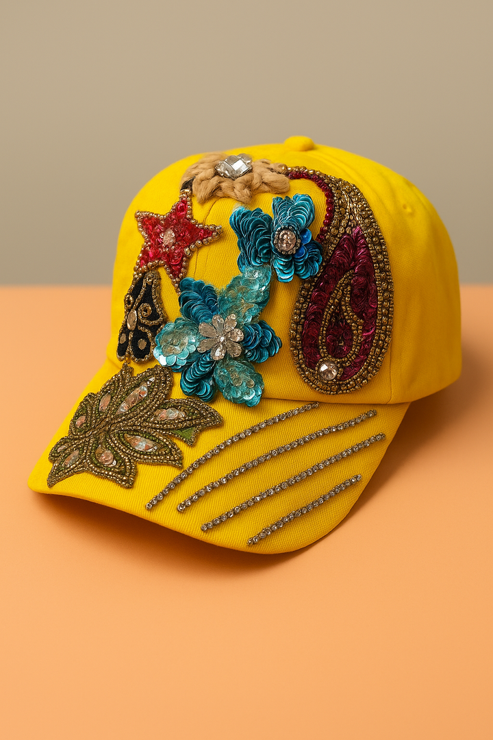 Yellow Handcrafted boho cap - banjaratrail
