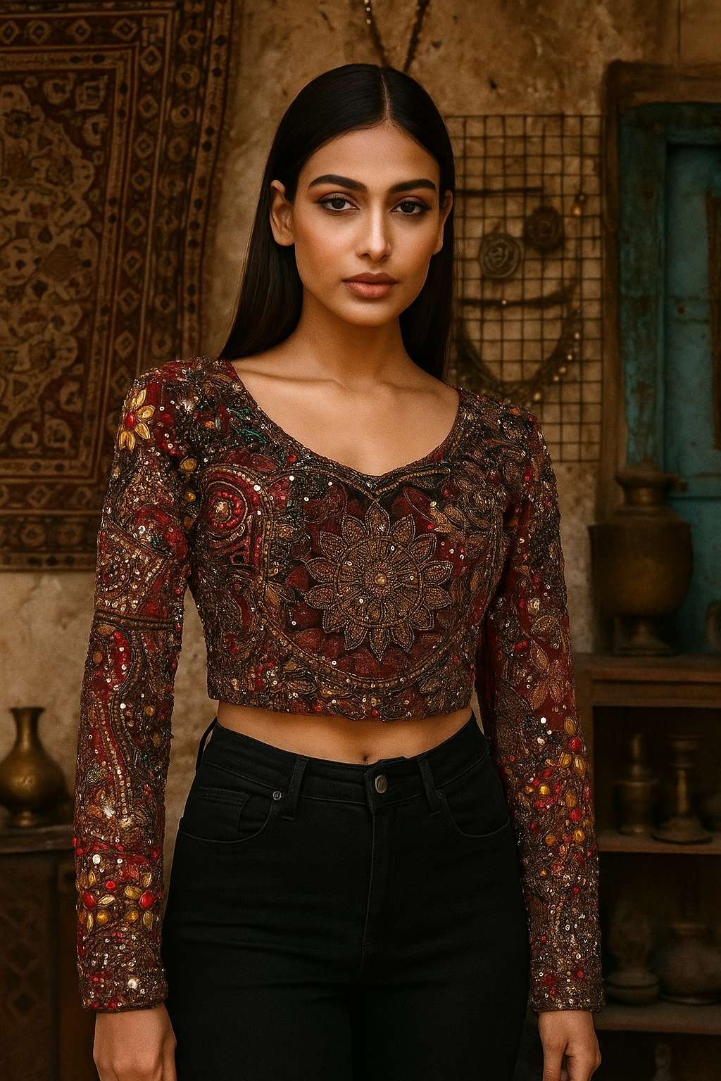Zohra Vintage Velvet Blouse – Hand-Embroidered Heirloom Piece - banjaratrail