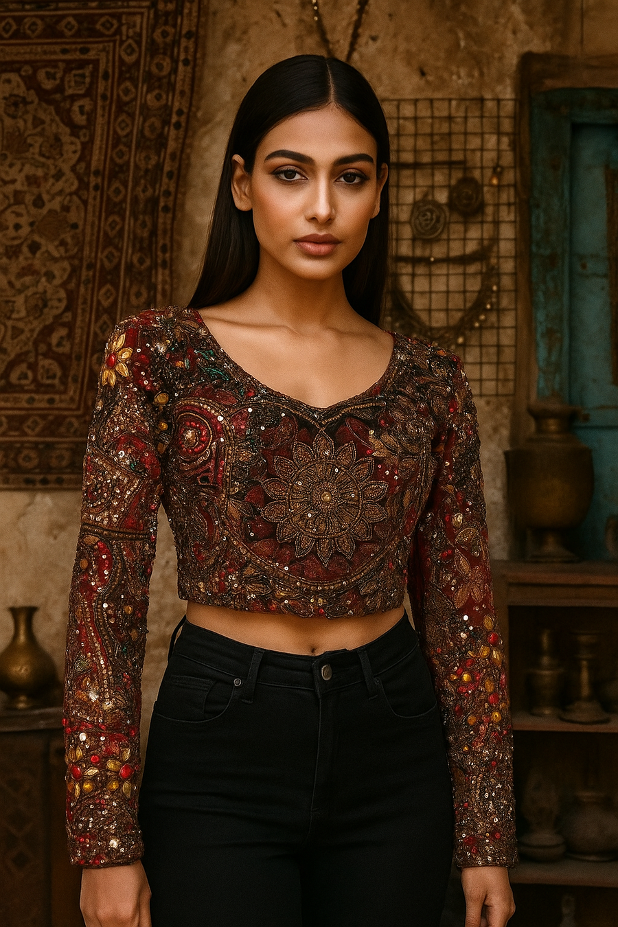 Zohra Vintage Velvet Blouse – Hand-Embroidered Heirloom Piece - banjaratrail