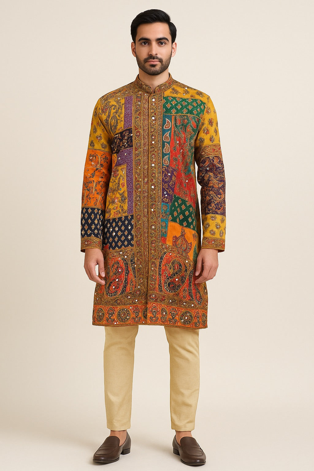 Men’s Royal Patchwork Embroidered Kurta – Multicolour Heritage
