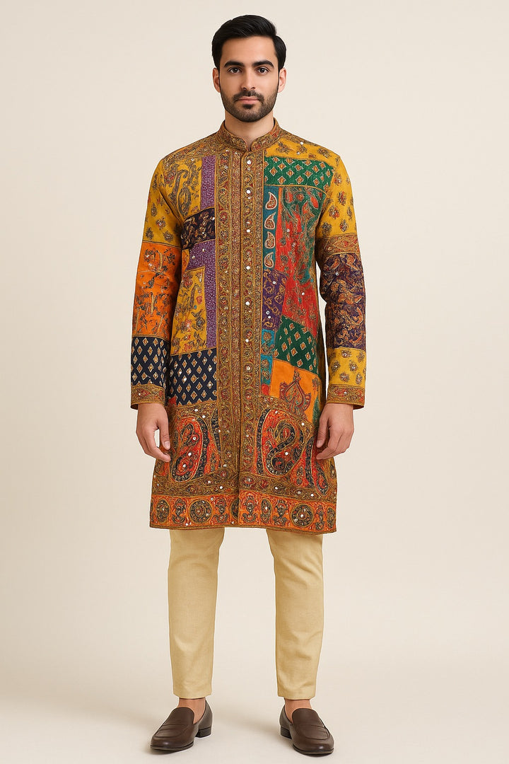 Men’s Royal Patchwork Embroidered Kurta – Multicolour Heritage