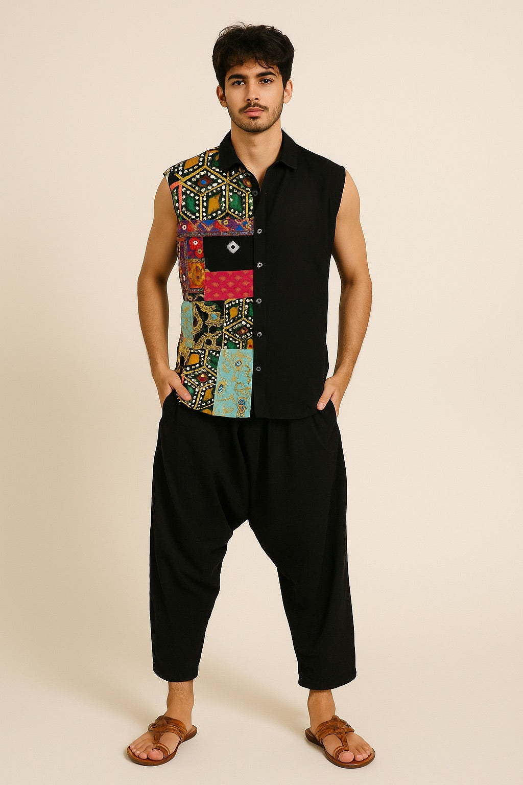 Men'S Half-Patchwork Sleeveless Shirt