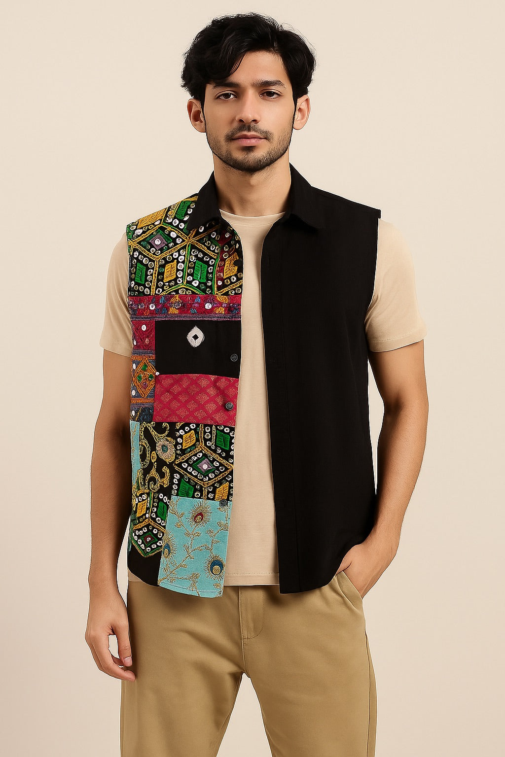 Men'S Half-Patchwork Sleeveless Shirt