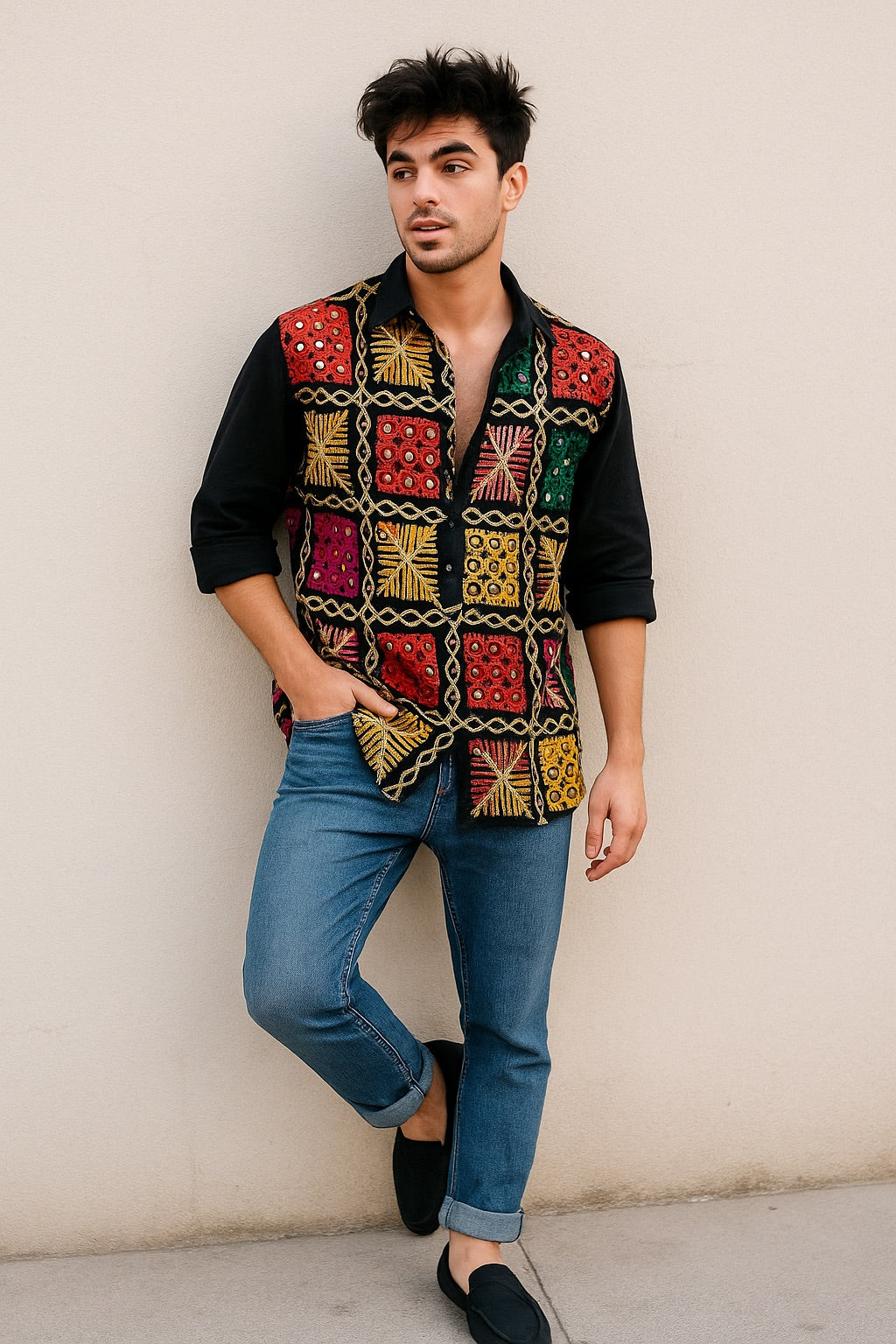 Boho Mirror Patch Embroidered Shirt