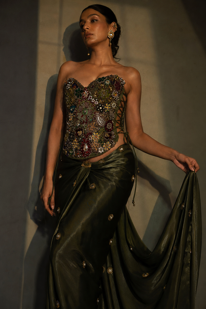 Olive Corset Saree Set