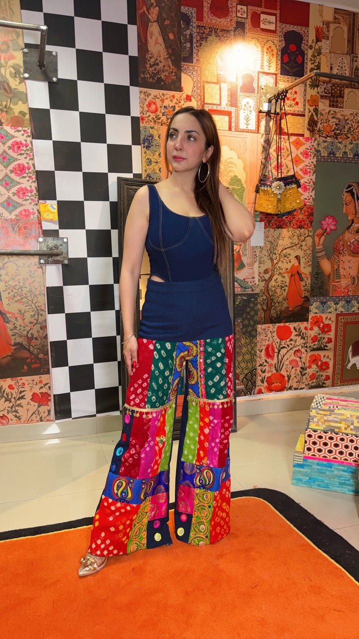 Denim Colour Splash Patchwork Pants – Multicolour Mirrorwork Flare