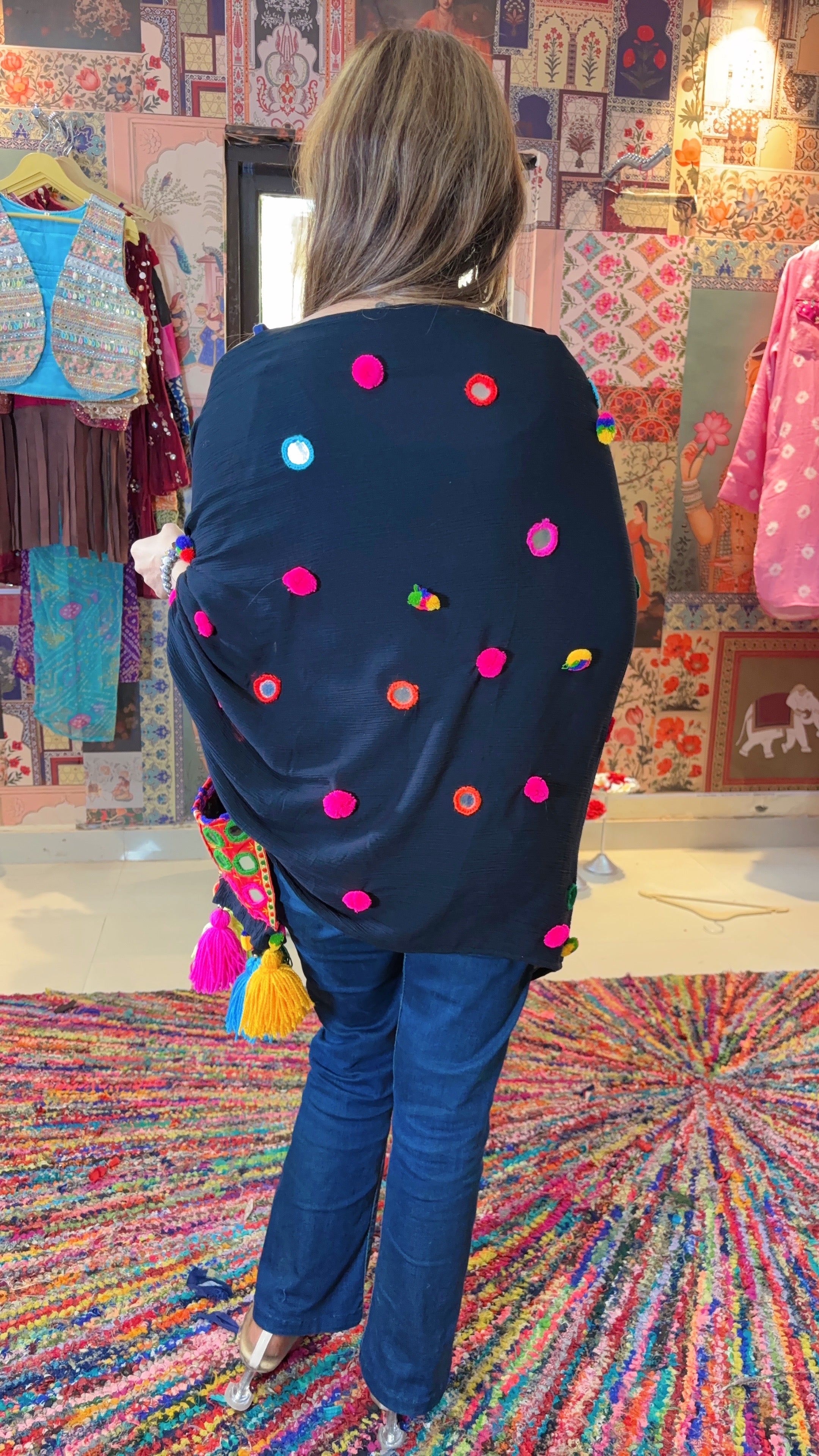 Black Boho Tassel Stole Mirror Dot & Kutchi Pocket Edit