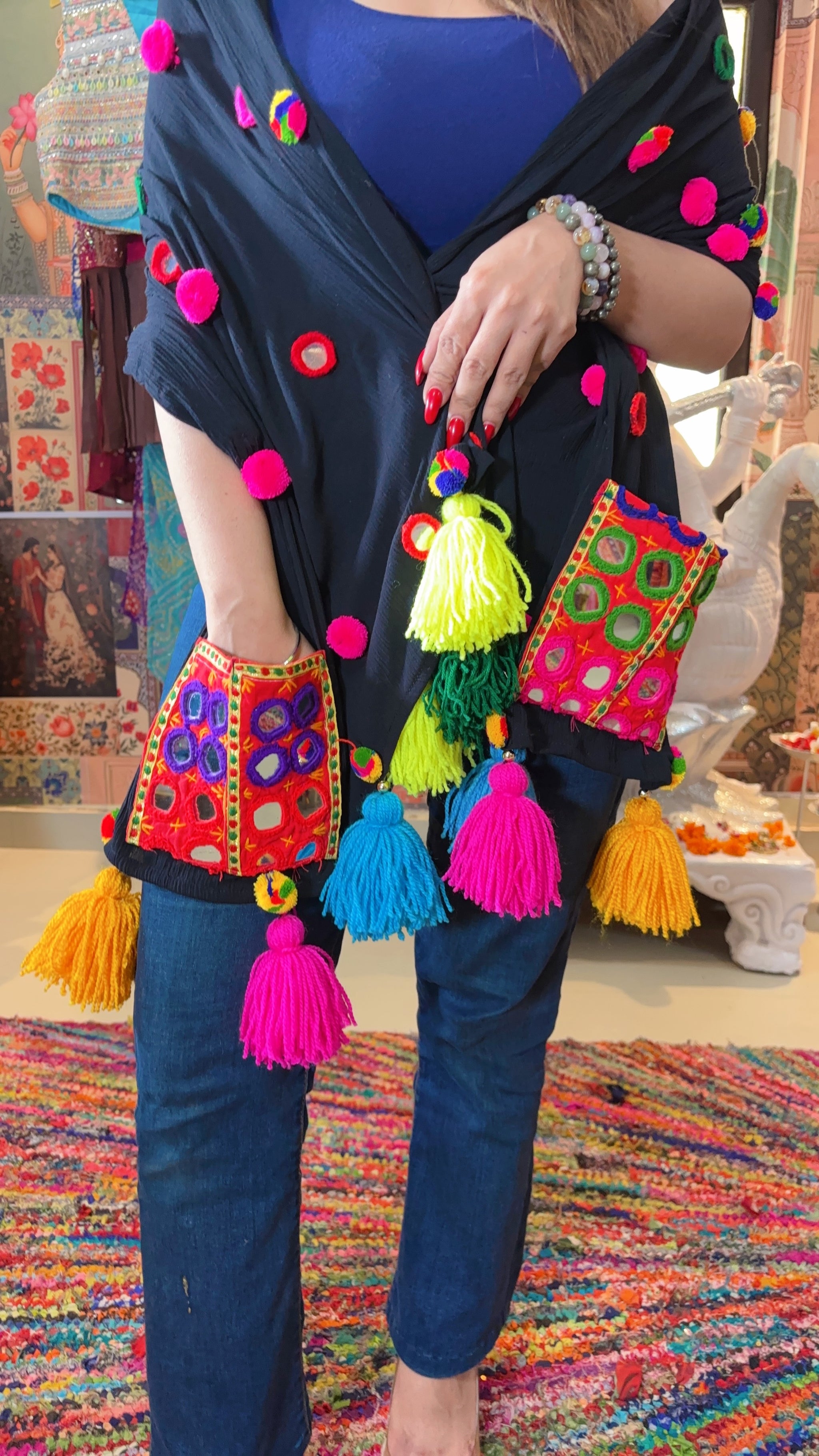 Black Boho Tassel Stole Mirror Dot & Kutchi Pocket Edit