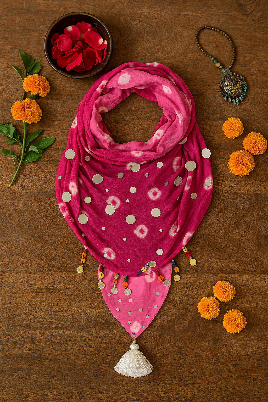 Mirrorwork Bandhani Scarf – Hot Pink Charm