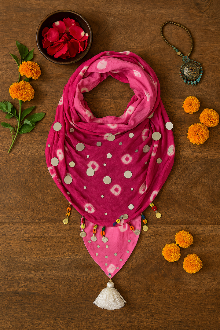 Mirrorwork Bandhani Scarf – Hot Pink Charm