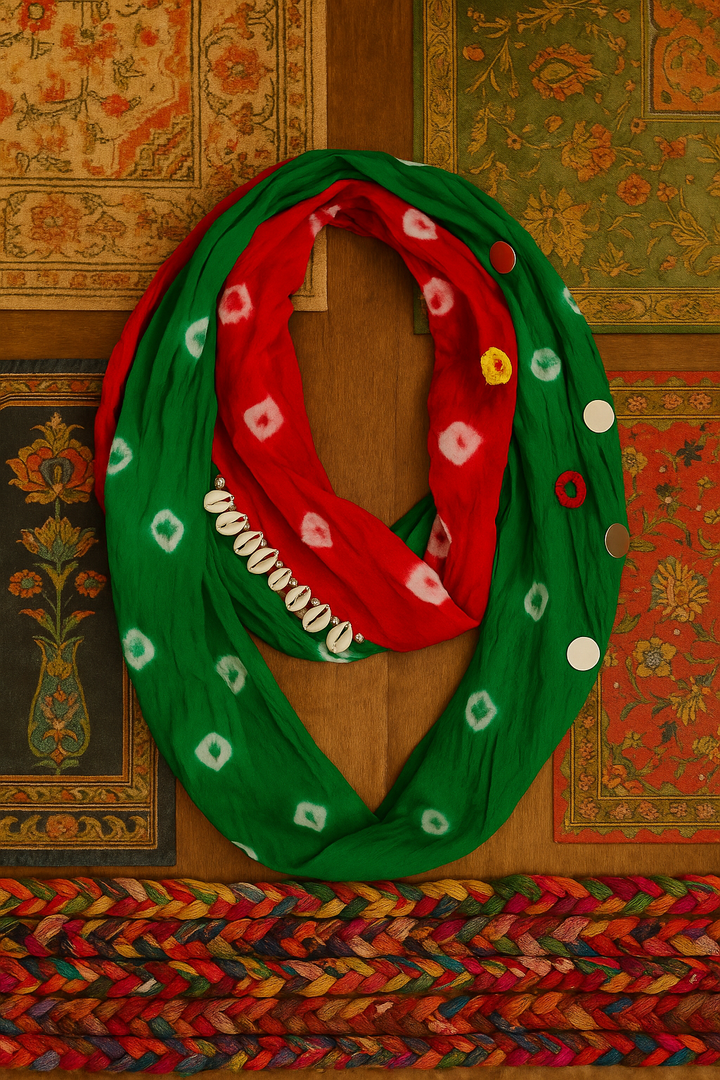 Bandhani Cowrie & Mirrorwork Scarf – Red & Green Festive Edit