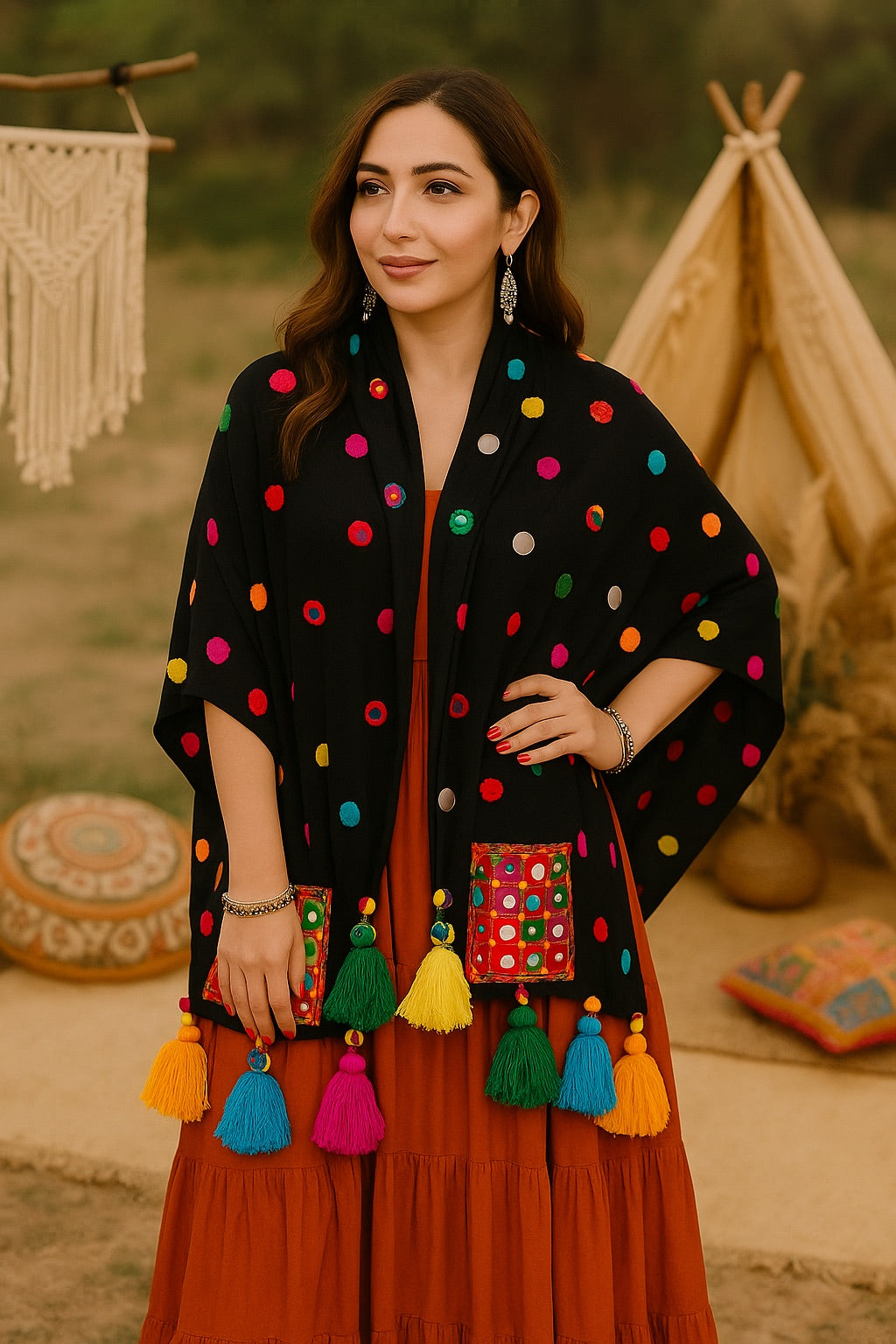 Black Boho Tassel stole– Mirror Dot & Kutchi Pocket Edit