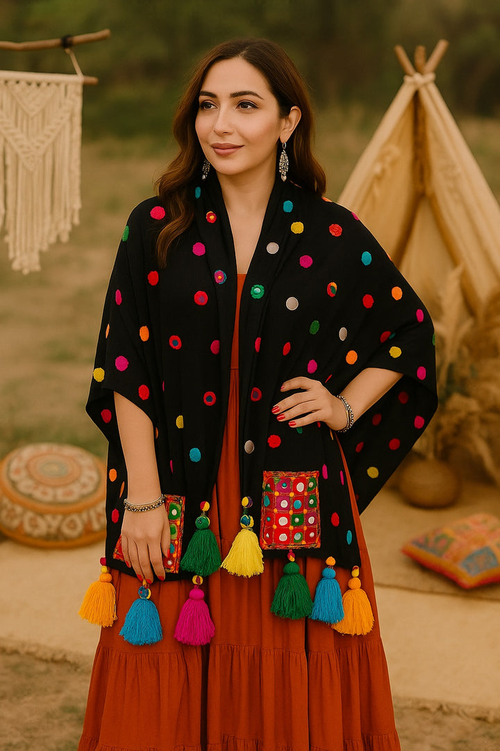 Black Boho Tassel stole– Mirror Dot & Kutchi Pocket Edit