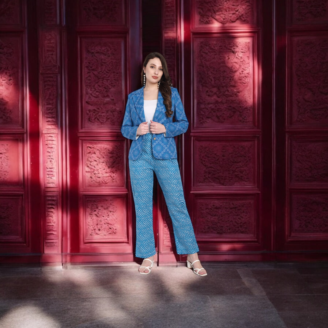 Blue Bandhani Blazer Set in Cotton