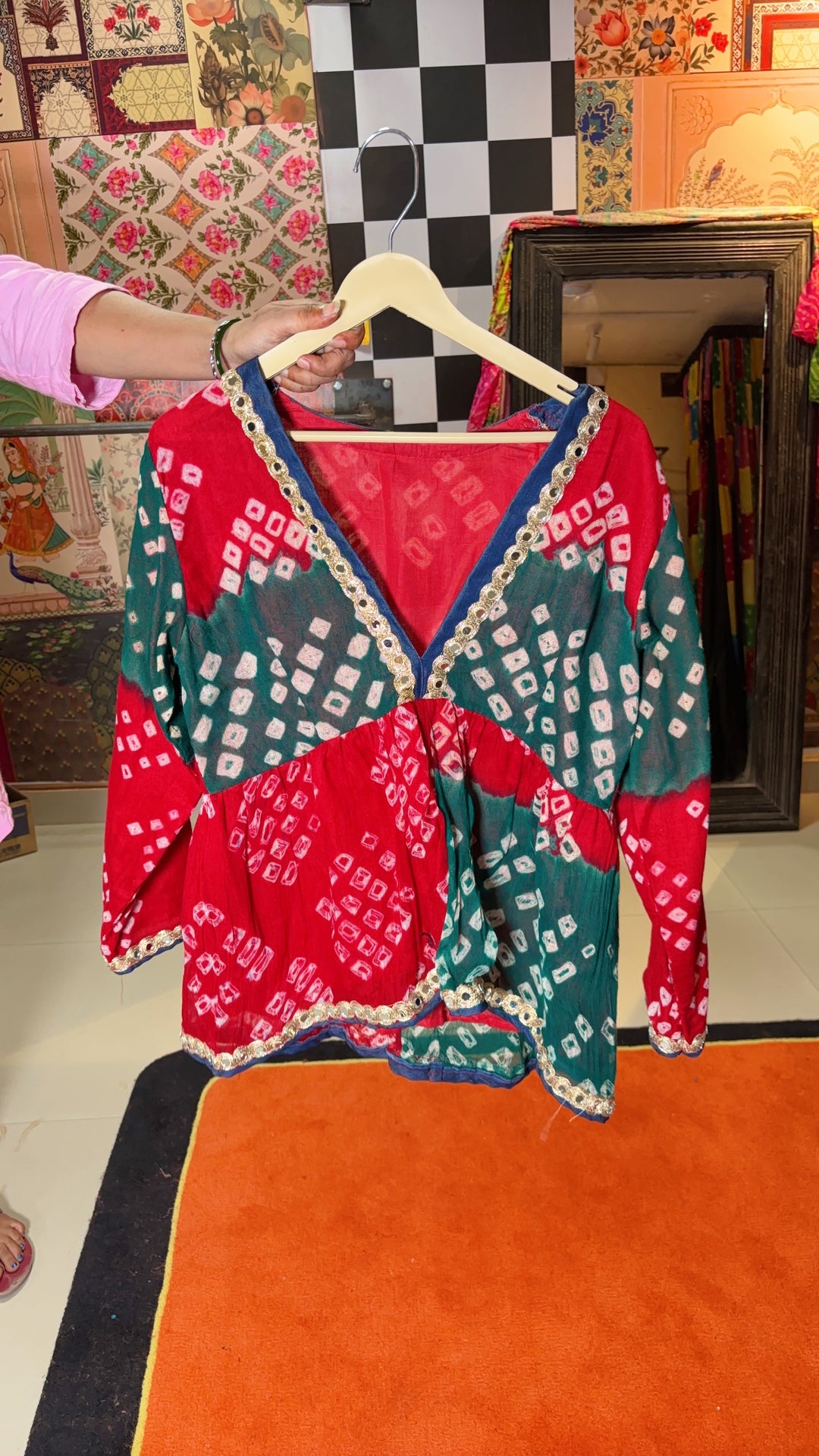 Bandhani Cotton & Denim Peplum Top with Lace Detailing