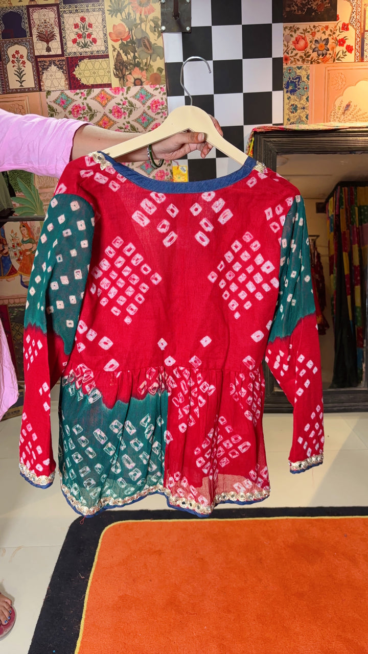 Bandhani Cotton & Denim Peplum Top with Lace Detailing