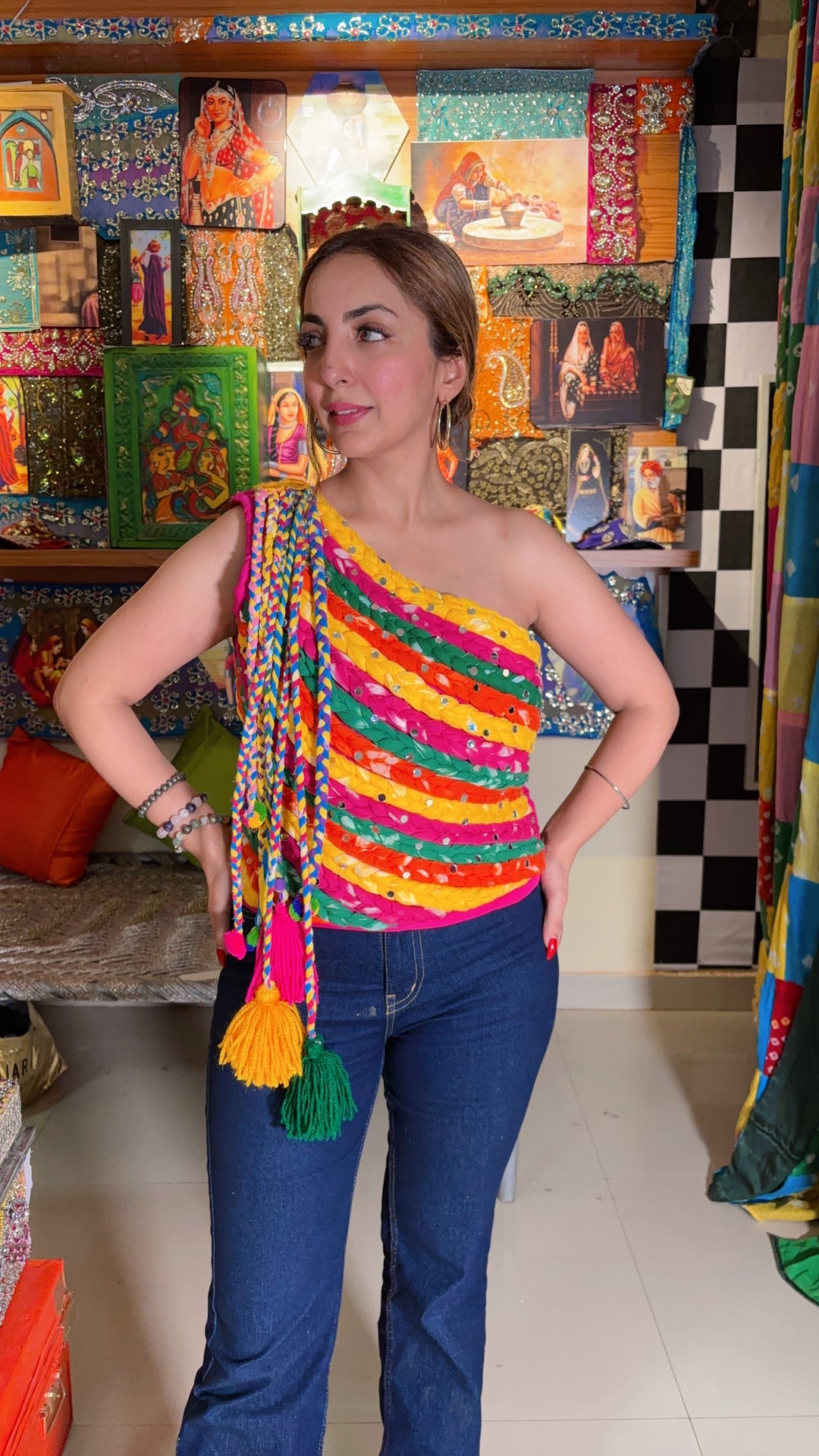 Braided Mirror One-Shoulder Bustier – Multicolor
