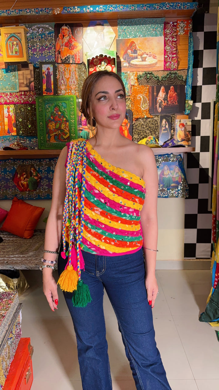 Braided Mirror One-Shoulder Bustier – Multicolor
