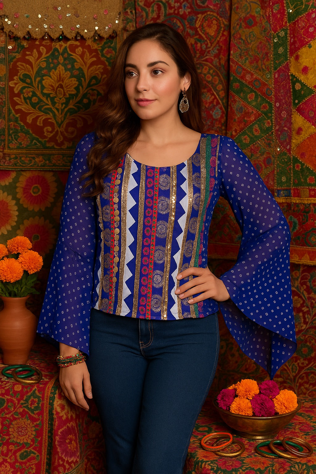 Royal Blue Mirror Flare Sleeve Top