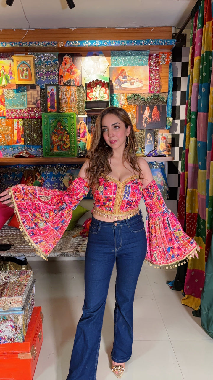 Boho Mirrorwork Bustier with Attached Flared Sleeves