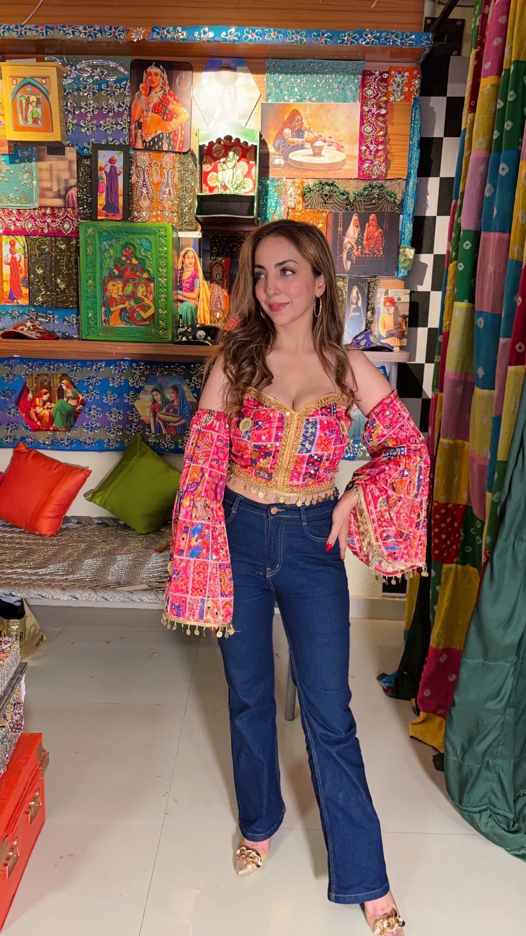 Boho Mirrorwork Bustier with Attached Flared Sleeves