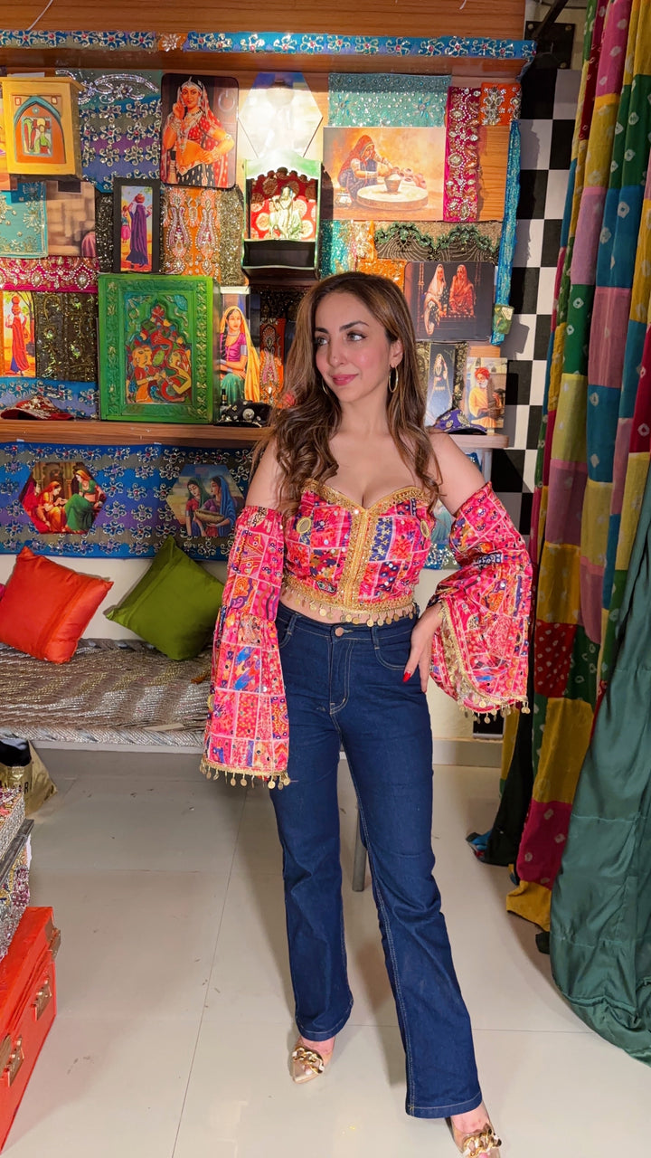 Boho Mirrorwork Bustier with Attached Flared Sleeves