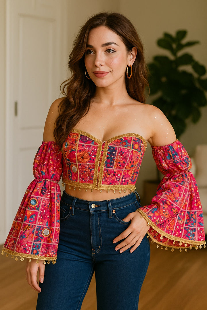 Boho Mirrorwork Bustier with Attached Flared Sleeves