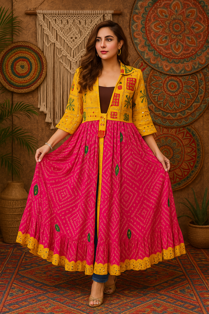 Phulkari ; Bandhani Flared Shrug – Multicolor Variants