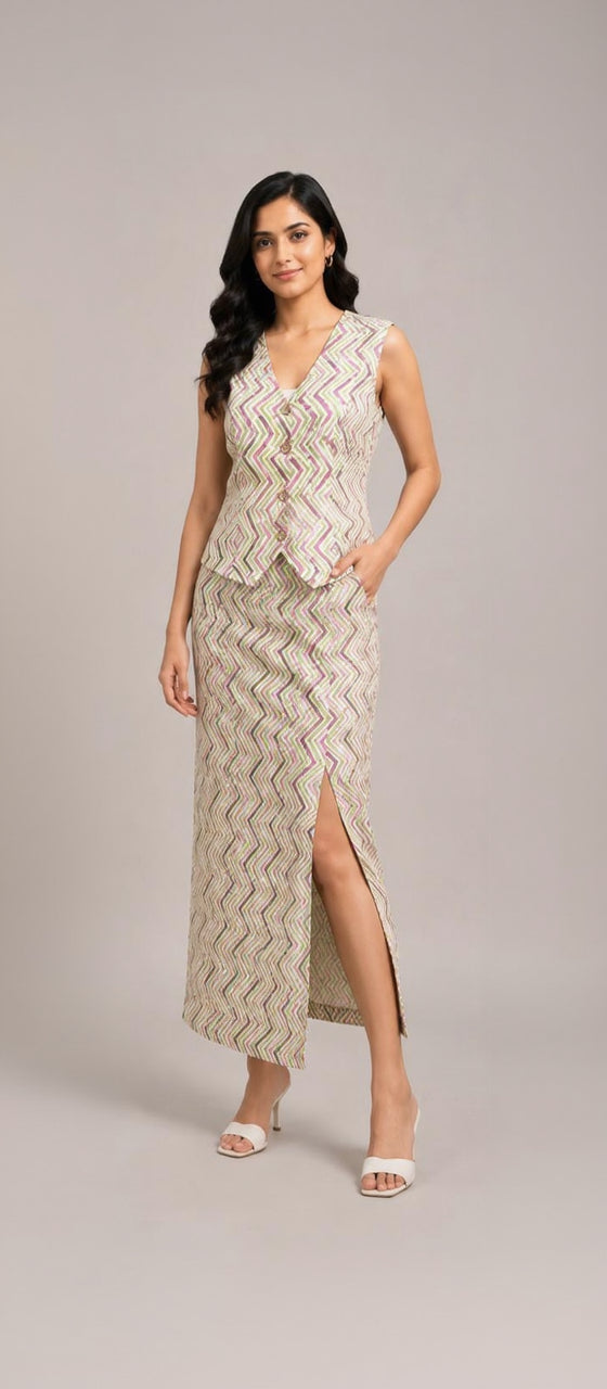The Pastel Chevron Waistcoat & Slit Maxi Skirt Set
