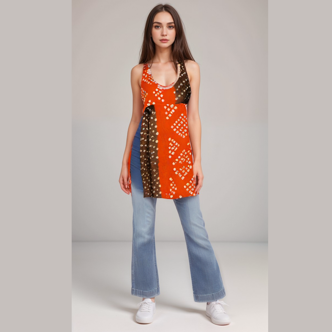Bandhini Splash Halter Kurta - Orange & Black