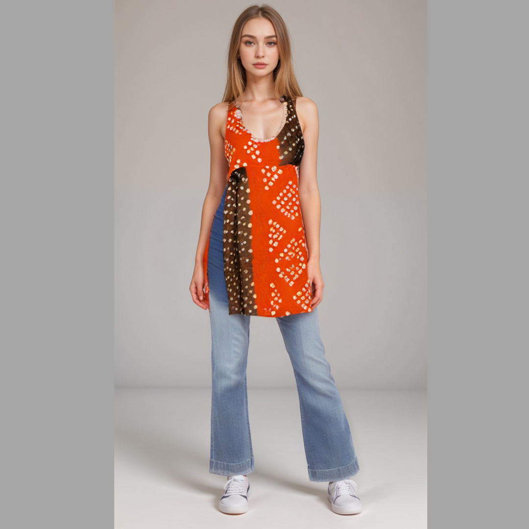 Bandhini Splash Halter Kurta - Orange & Black