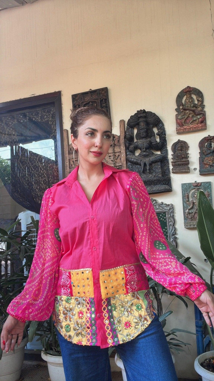 Amaraa shirt with pink bandhani sleeves - banjaratrail