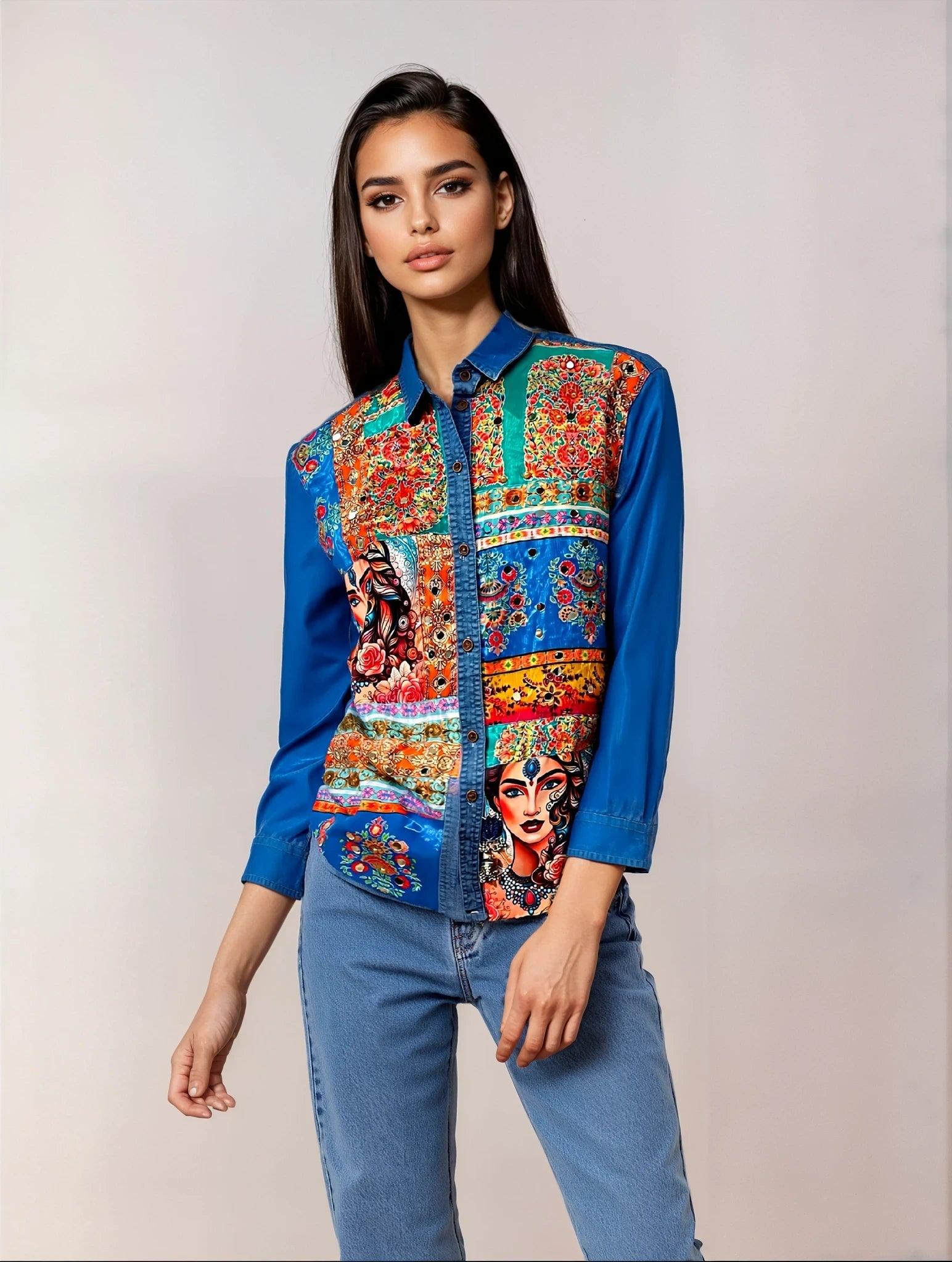 Ameeraha'- Embellished Denim Shirt - banjaratrail