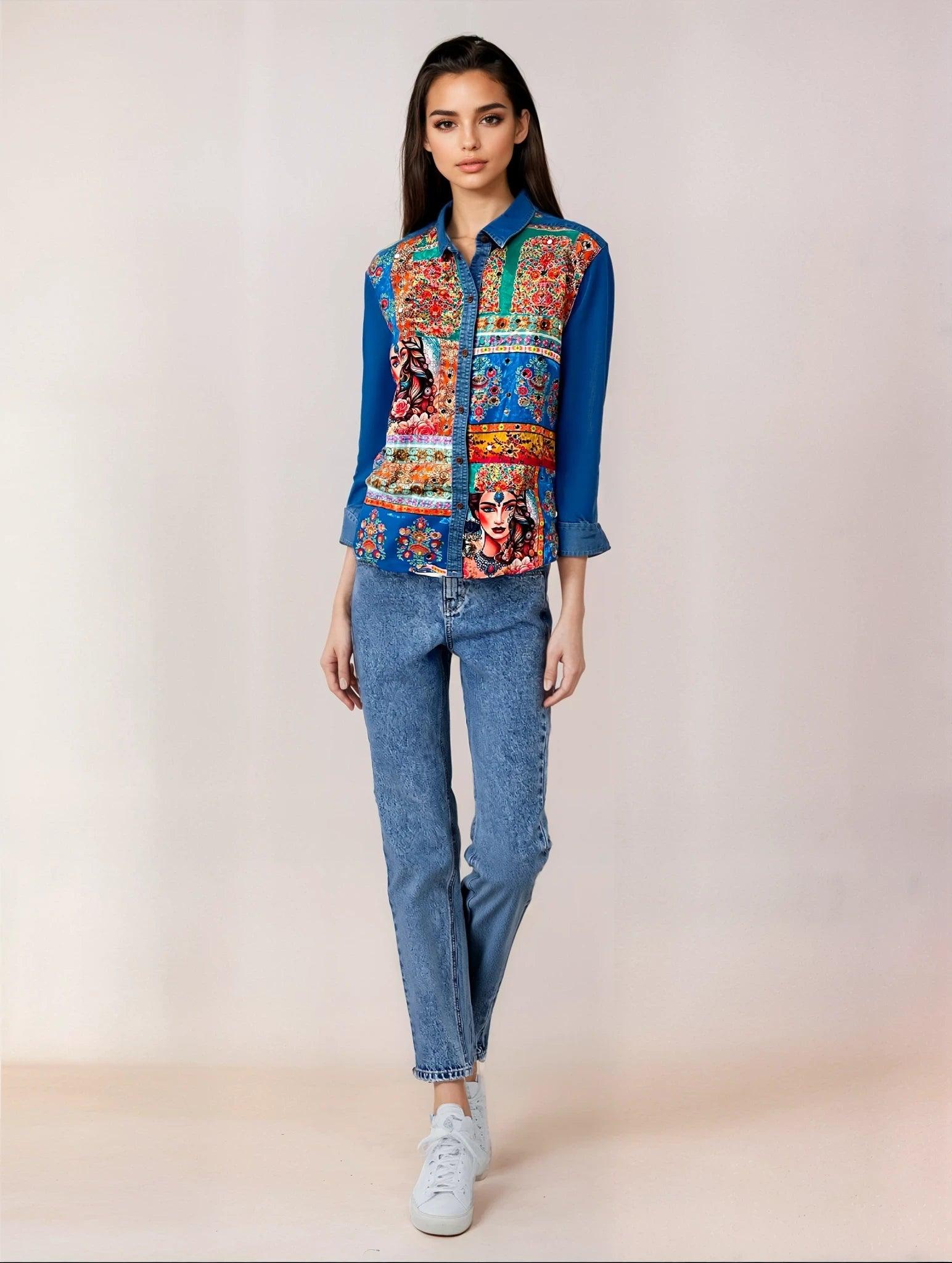 Ameeraha'- Embellished Denim Shirt - banjaratrail