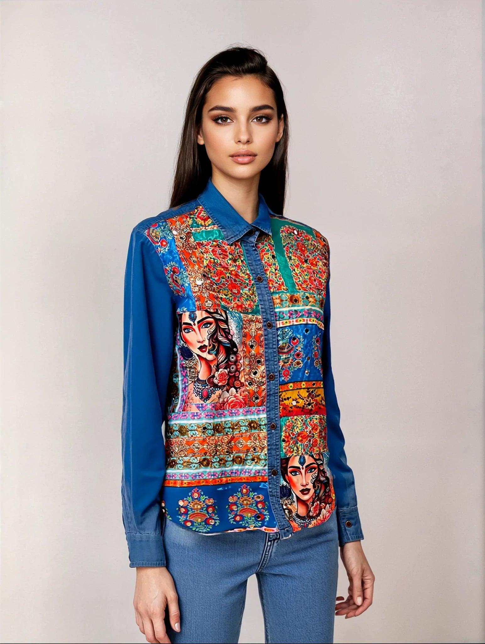 Ameeraha'- Embellished Denim Shirt - banjaratrail