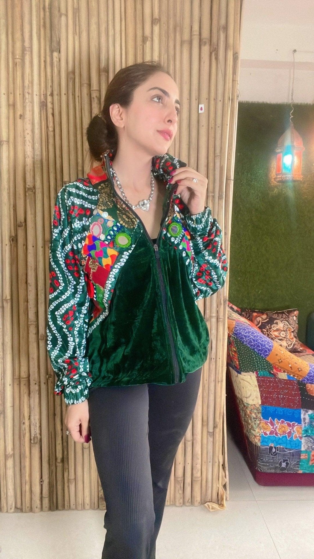 Banjara velvet hoodie green & red - banjaratrail