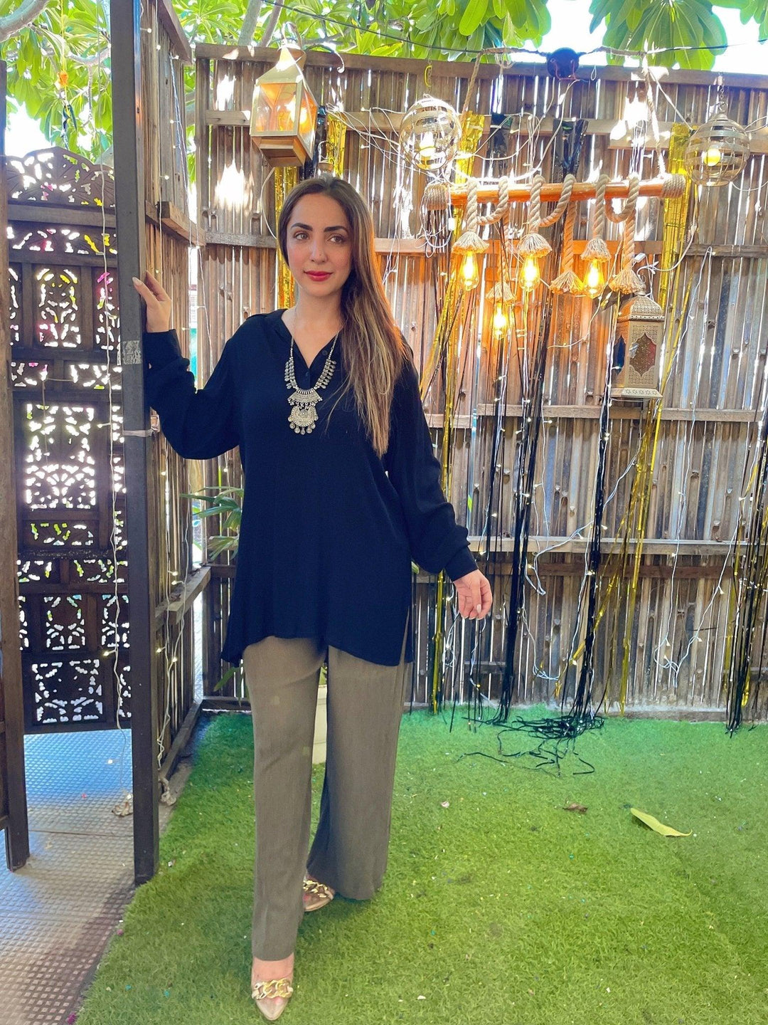 Black & Olive co-ord Set with Necklace - banjaratrail