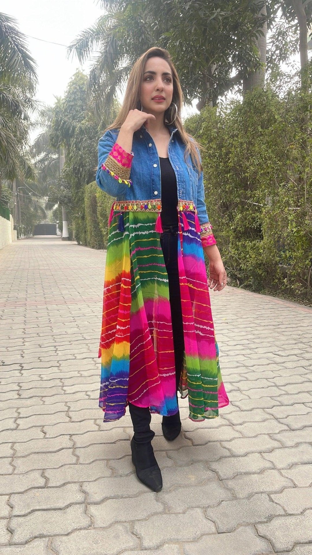 Denim & leheriya shrug ( multi) - banjaratrail