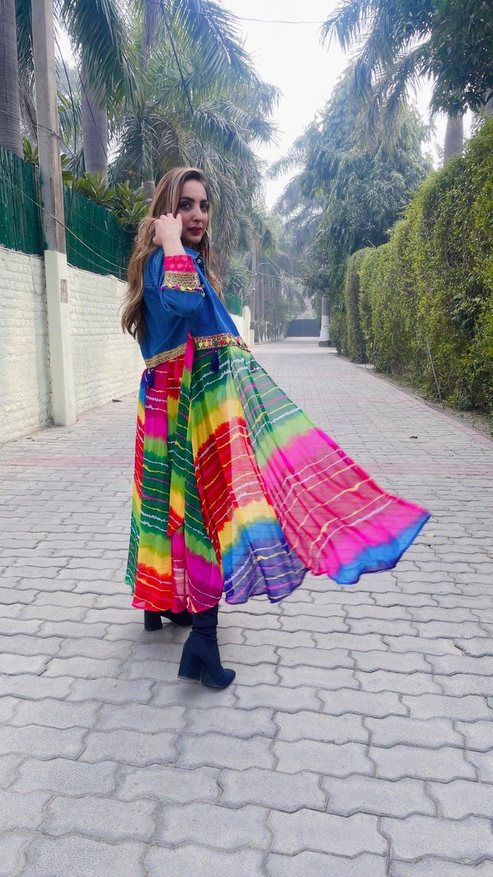 Denim & leheriya shrug ( multi) - banjaratrail