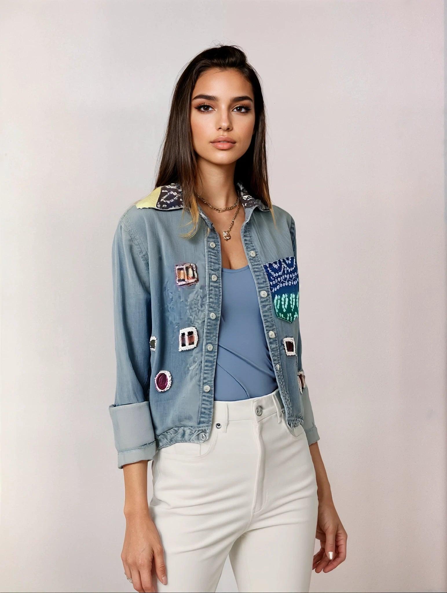 Denim patchwork embellished shirt - banjaratrail