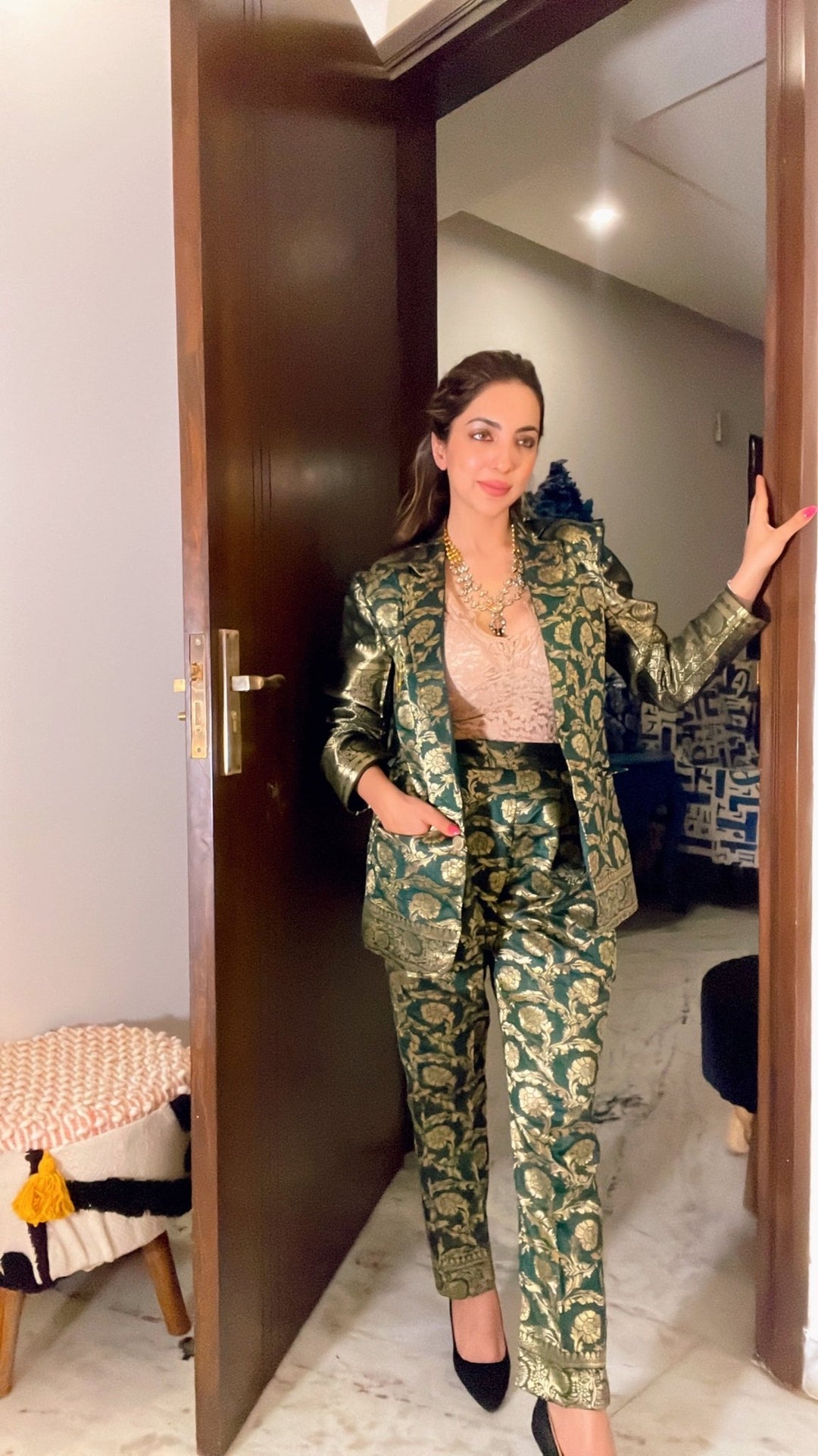 Green brocade silk co ord set - banjaratrailGreen brocade silk co ord set70426452
