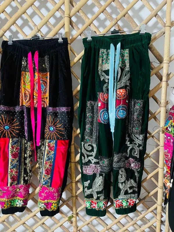 Green embellished velvet pants - banjaratrailGreen embellished velvet pants97263017